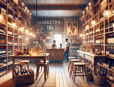 DALLE 2024 02 27 13.31.10 A cozy and inviting wine shop interior filled with wooden shelves stocked with a variety of wine bottles from around the world. The shop features a t